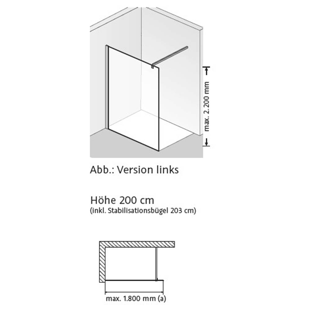 HSK Walk In Atelier Duschwand Frontelement 180 x 200cm ohne Beschichtung Spiegel